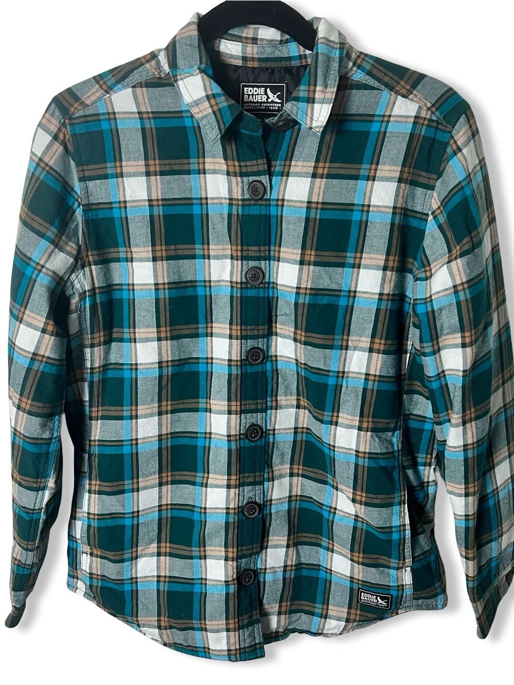 Eddie Bauer Women's Flannel Shacket Jacketโ Quilted Insulated Plaid Teal Sz. S